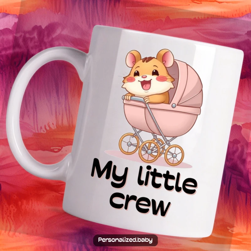Funny Mug showing a happy hamster character energetically pushing an oversized baby carriage, representing dedication and humor.