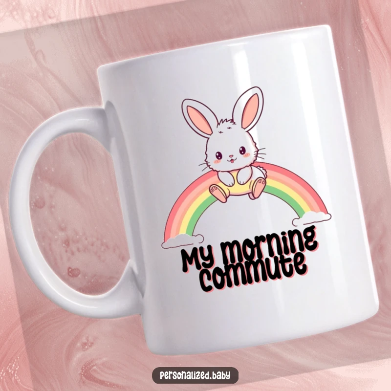 Funny mug featuring a fluffy bunny with giant ears joyfully hopping over a bright, colorful rainbow arc, spreading happiness.