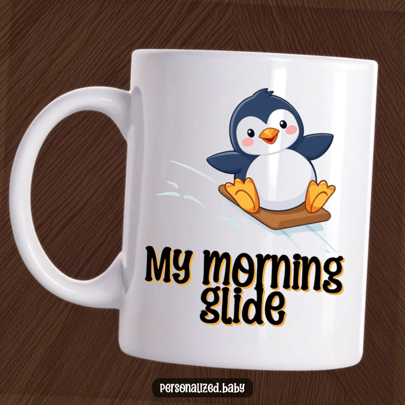 Funny mug featuring a happy penguin joyfully sliding down a starry, icy slope, evoking winter fun and playful adventure.