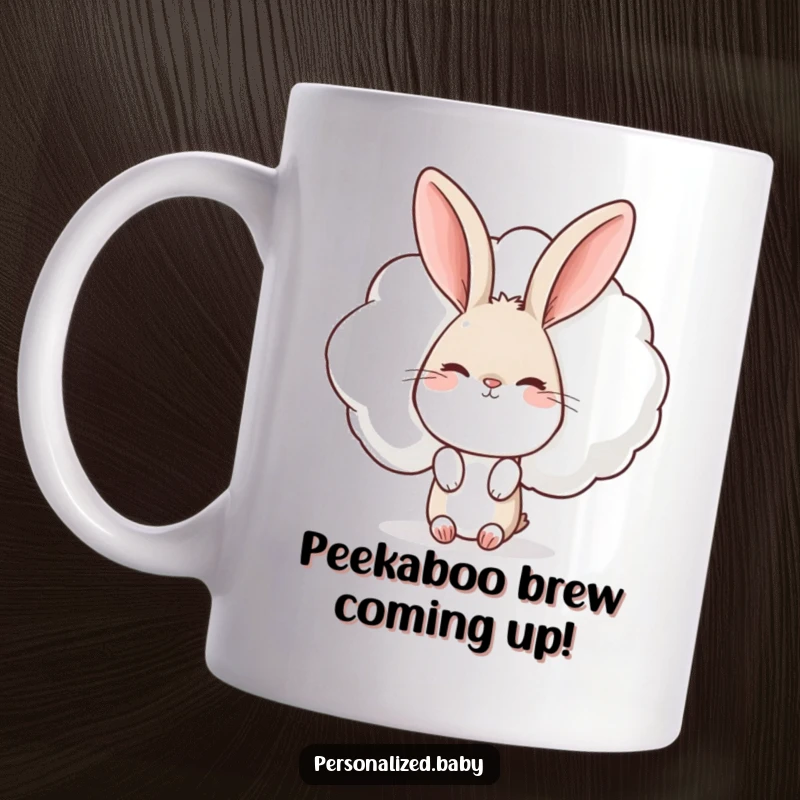 Funny Rabbit Mug: A cute rabbit peeking from behind a giant, winking cloud, expressing curiosity and joy for a whimsical gift.
