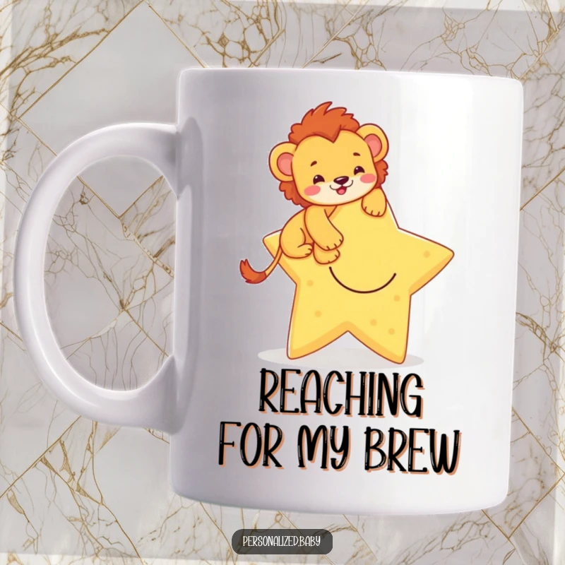 Funny mug depicting a brave lion cub heroically climbing a giant, smiling star, symbolizing aspiration and courage.