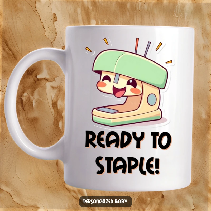 Funny excited stapler mug with staples popping out in energetic bursts, symbolizing enthusiasm and productivity.