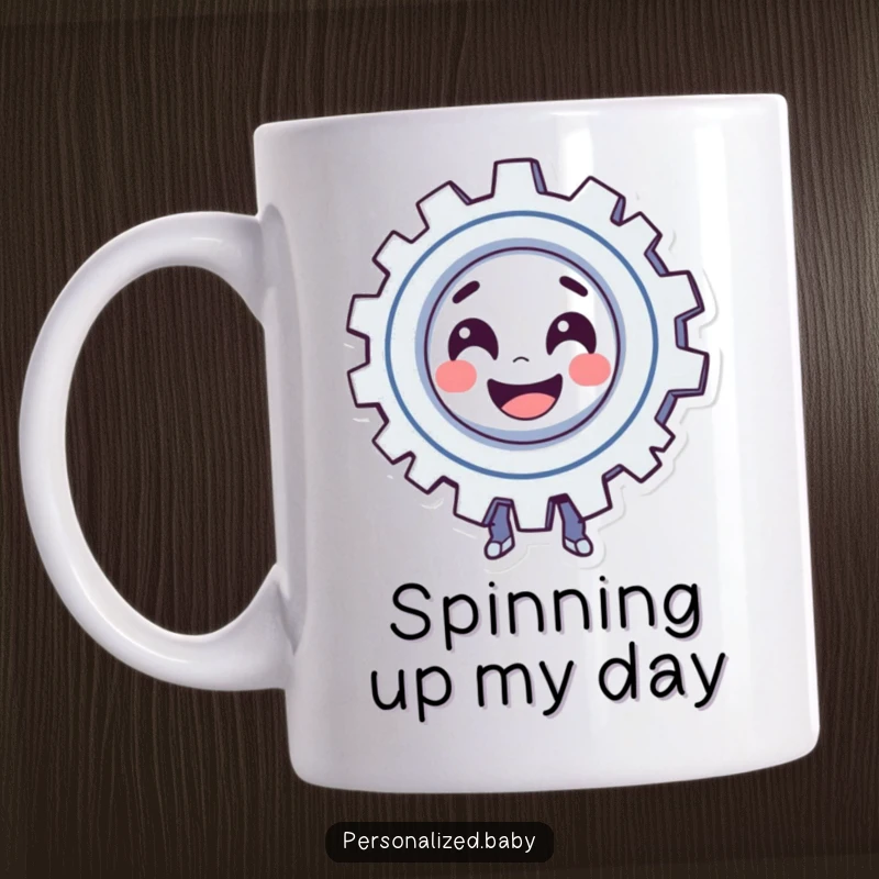 Funny Mug: Smiling, spinning gear character exudes playful automation and mechanical fun. A great funny gift.