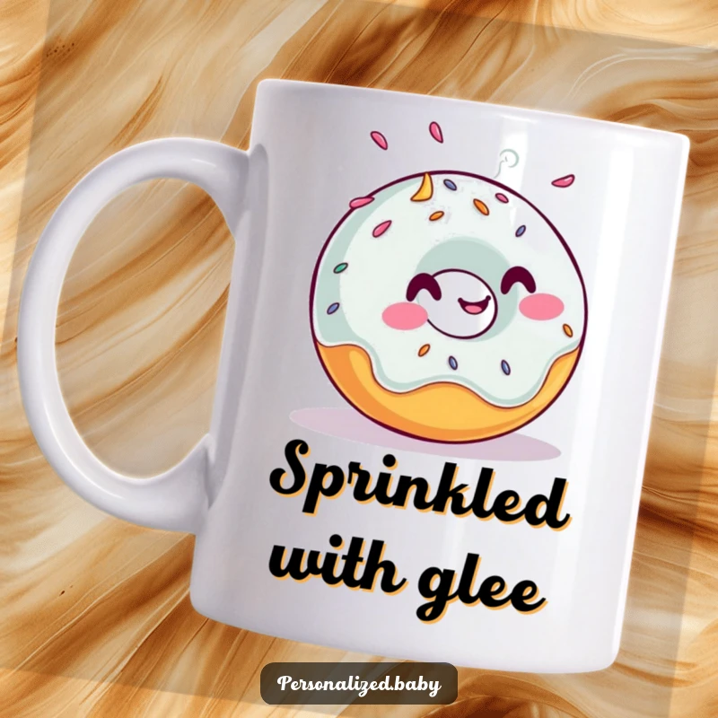 Funny mug featuring a giggling, rolling donut with sprinkles flying off, exuding pure joy and sweetness, a perfect funny gift for donut lovers.