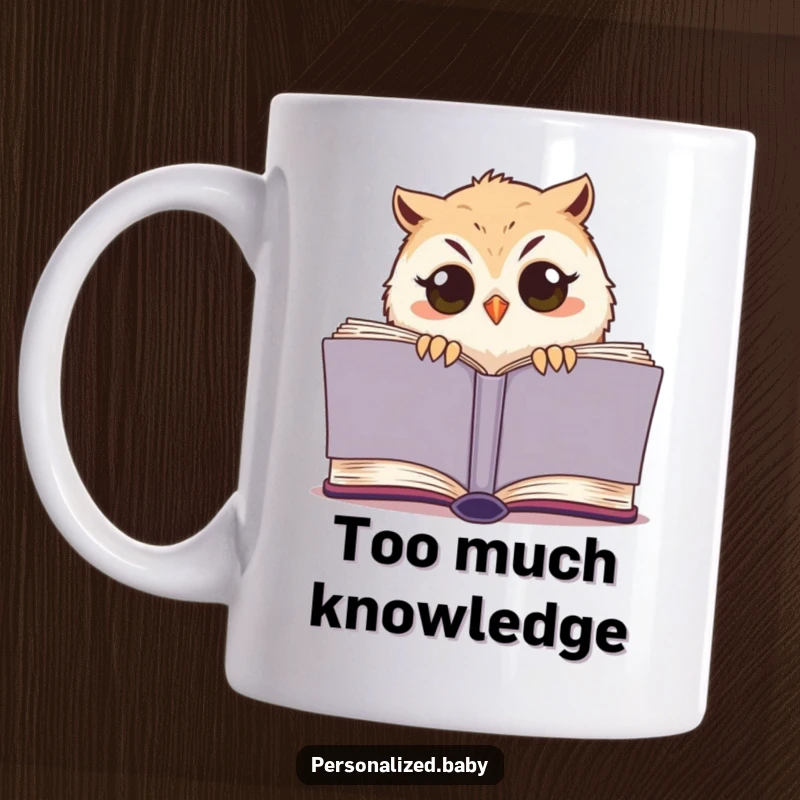 Funny owl chick mug with wide eyes peeking from a giant book, looking sleepy and adorable, perfect gift for readers.