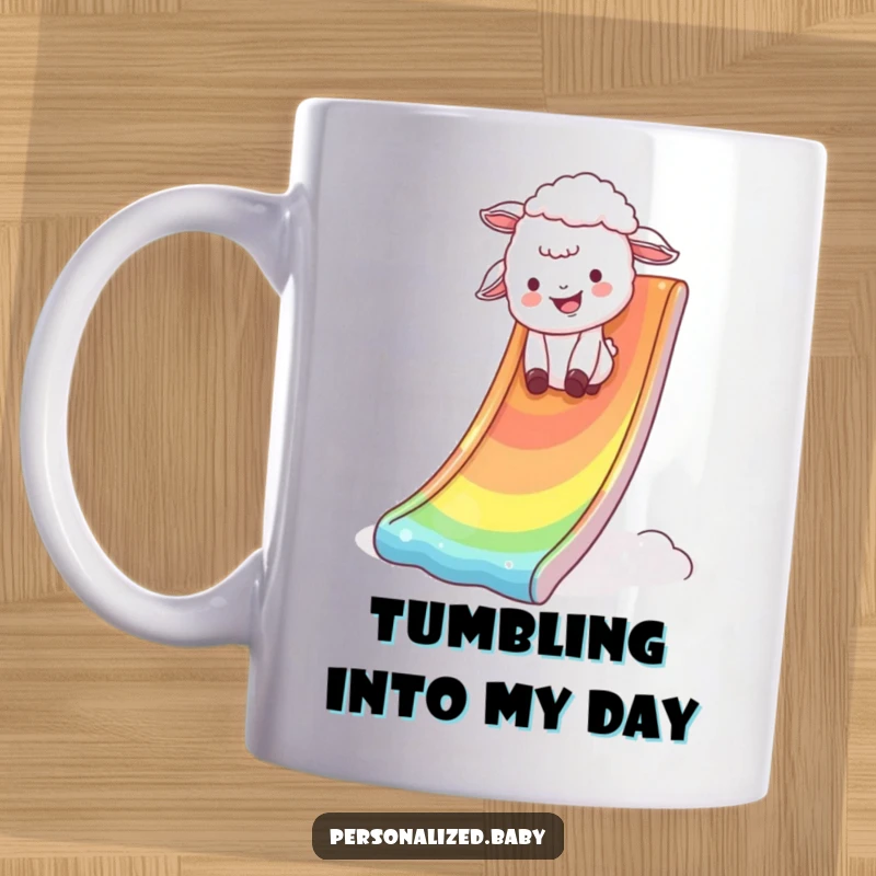 Funny Mug featuring a giggling lamb hilariously tumbling head over heels down a bright, shimmering rainbow slide with pure glee.