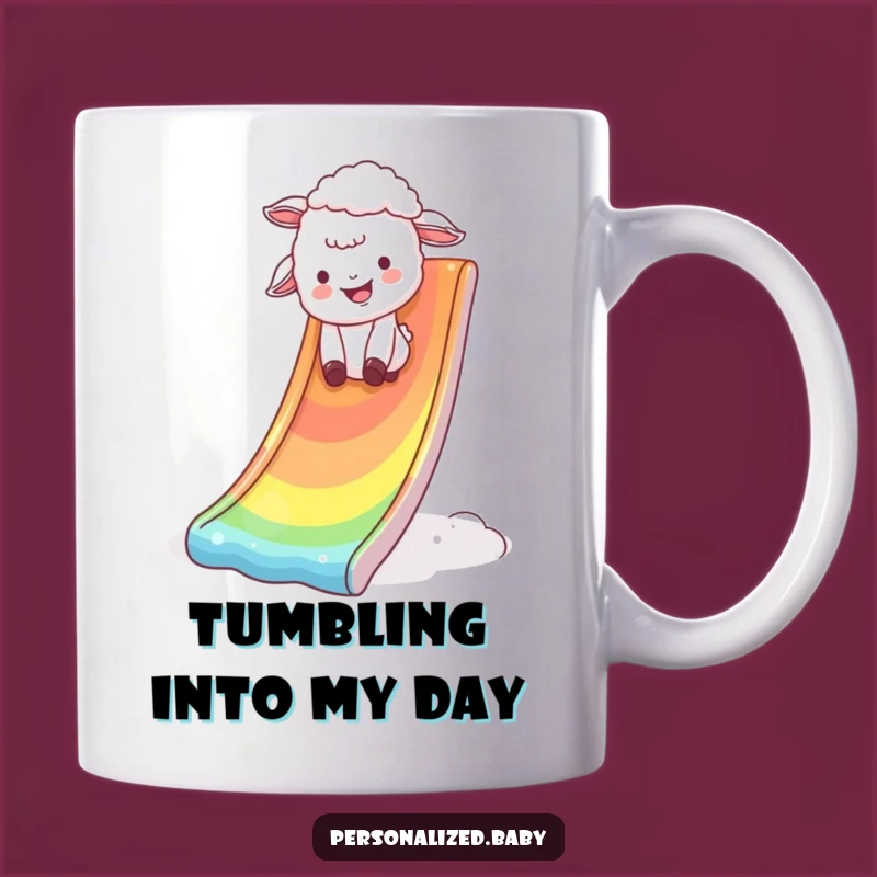 Funny Rainbow Lamb Mug: Giggling lamb on slide, a perfect joyful gift.