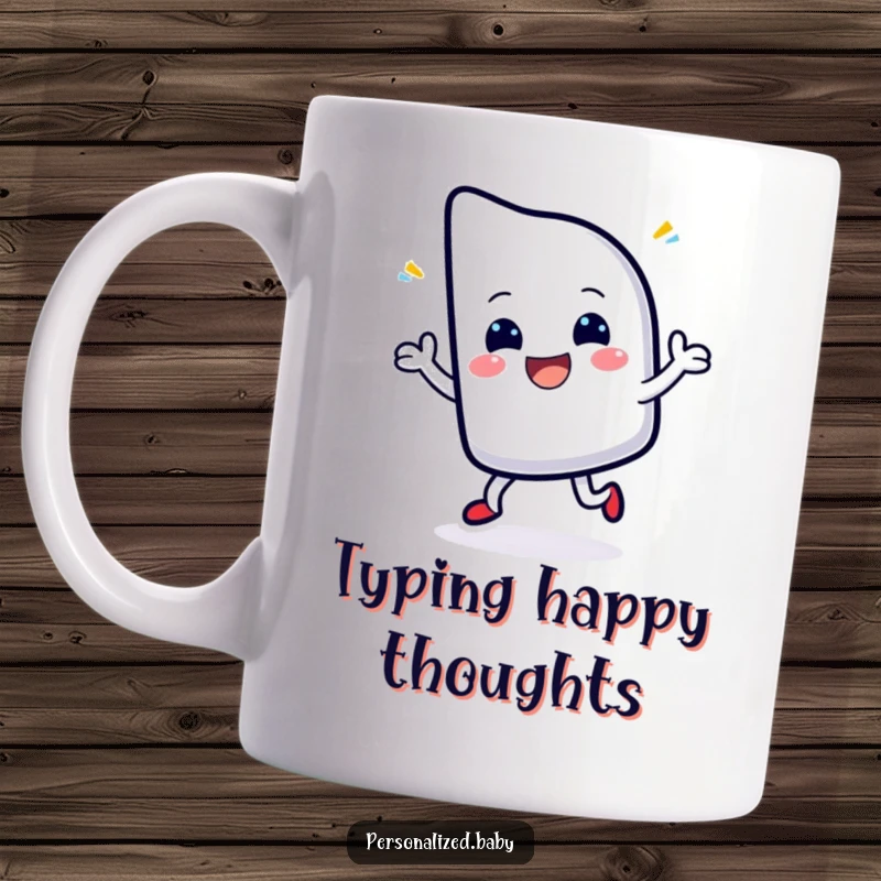 Funny mug featuring a cheerful, blinking cursor character joyfully dancing, representing productivity and digital creativity.