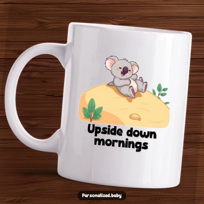Funny Mug: A giggling koala bear joyfully tumbles head over heels down a smooth, green hillside with pure delight.