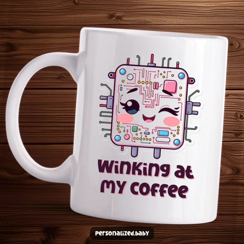 Funny Mug: Cheerful, animated circuit board character winks, symbolizing smarts and humor. A great funny gift.