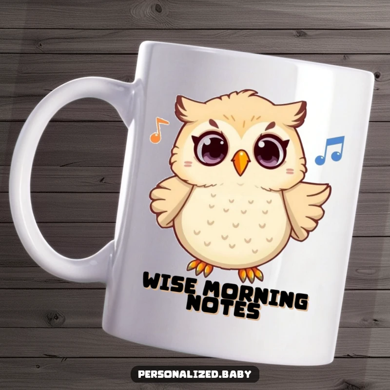 Funny Owl Melody Mug featuring a surprised owl character hooting a beautiful, melodious tune with wide eyes, embracing the unexpected.