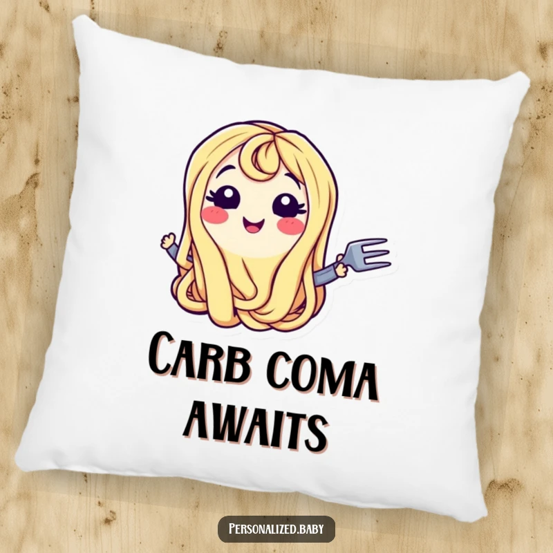 Funny Pillow: Smiling wiggling spaghetti noodle character with a fork, symbolizing playful hunger and pasta love, a soft funny gift.