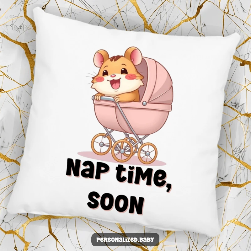 Funny Pillow featuring a happy hamster pushing an oversized baby carriage, offering comfort and a humorous touch to decor.