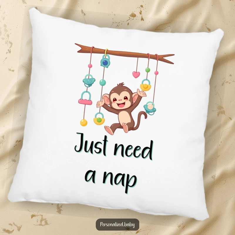 Funny Pillow featuring a mischievous monkey tangled in a mobile of pacifiers, offering comfort and a humorous parenting accent.