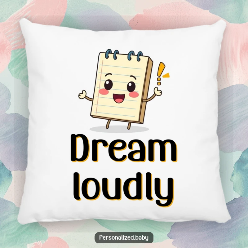 Playful notepad character rolling with a bouncing exclamation mark, depicted on a plush pillow for comfort and fun decor.