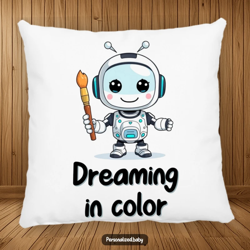 Funny pillow featuring a happy, buzzing AI robot character holding a paintbrush, perfect for adding a techy touch to a room.