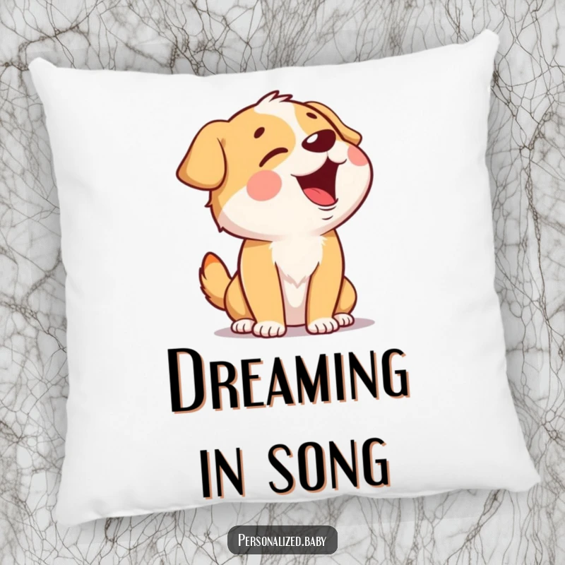 Funny Singing Dog Pillow featuring a giggling dog character tilting its head back to sing, offering plush comfort and a humorous, musical touch.