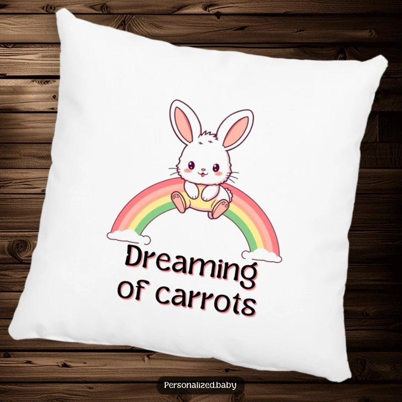Funny pillow featuring a fluffy bunny with huge ears happily leaping over a colorful, high rainbow.