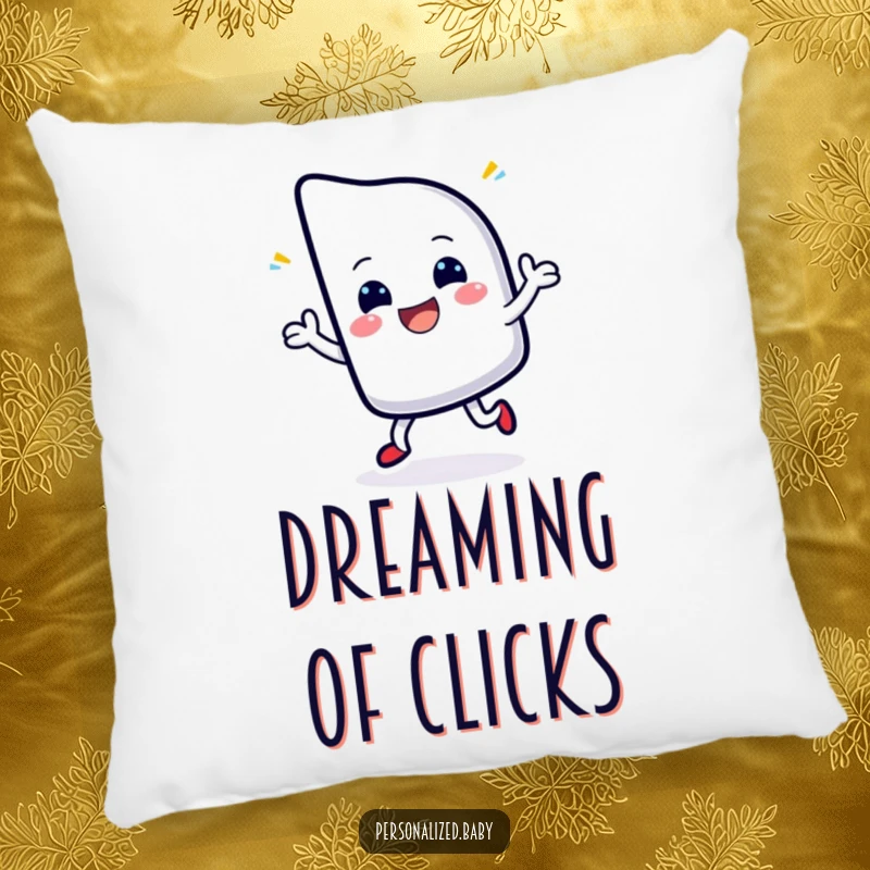 Funny pillow featuring a cheerful, blinking cursor character dancing with delight, perfect for adding a techy touch to a room.