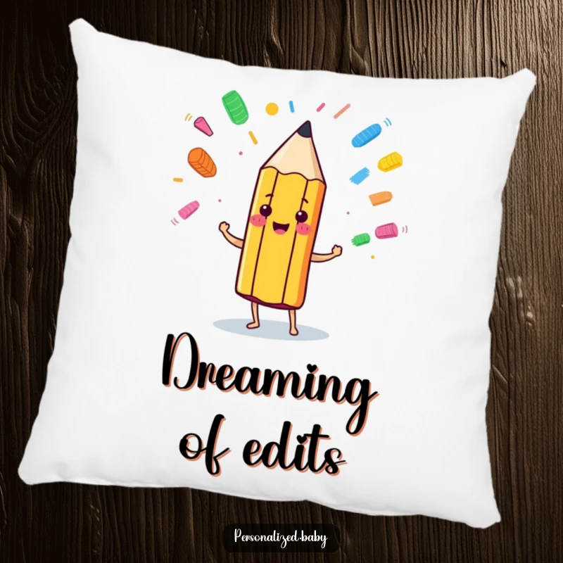 Funny anthropomorphic pencil character juggling colorful eraser marks, depicted on a plush pillow for comfort and decor.