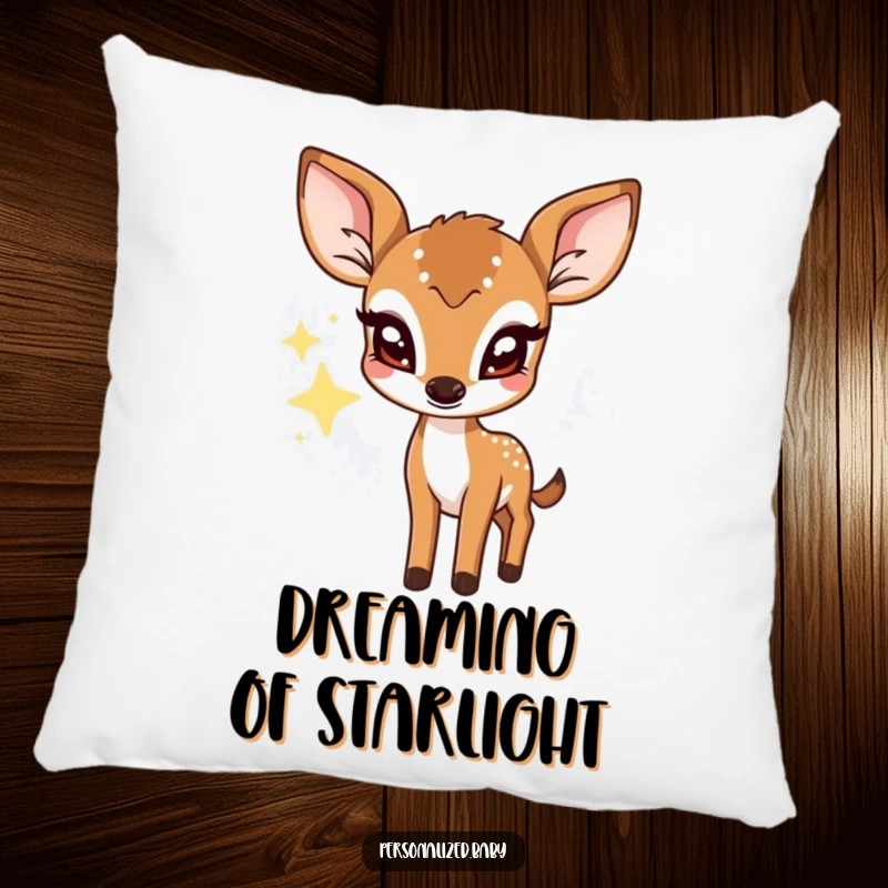 Funny pillow with a shy deer fawn blinking from behind a twinkling star, soft cushion for cozying up.