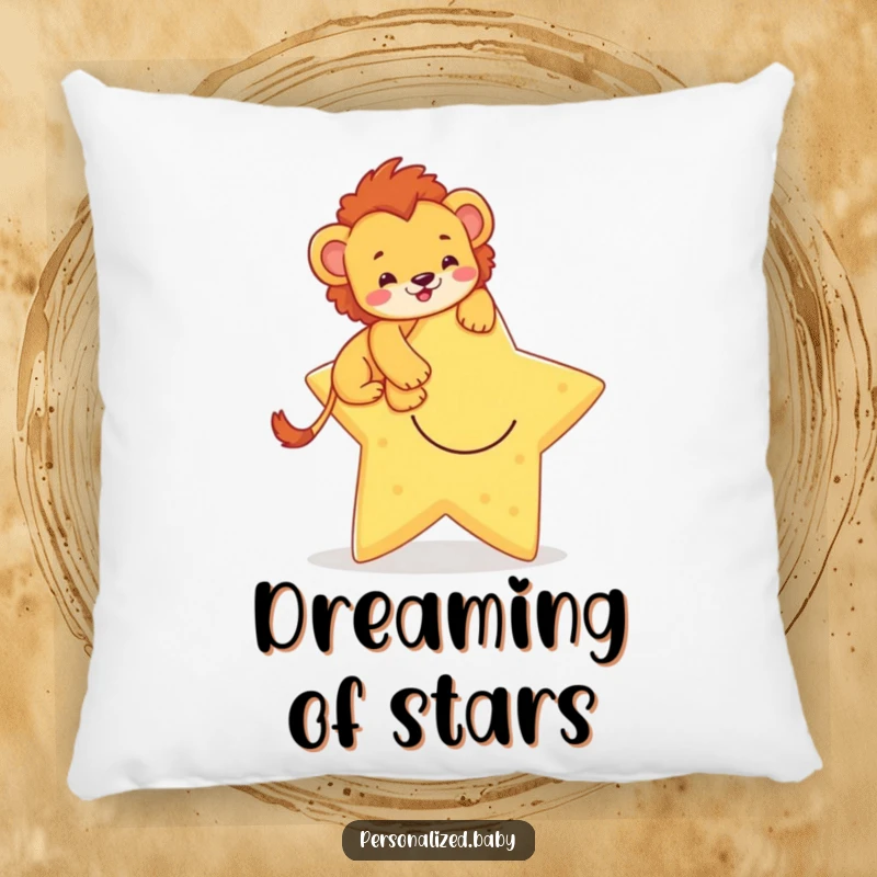 Funny pillow featuring a brave lion cub climbing a smiling star, offering comfort and a symbol of courage and dreams.