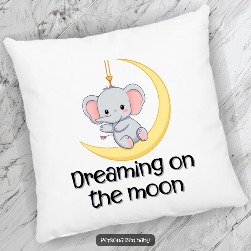 Funny pillow with a tiny elephant gleefully swinging from a crescent moon, offering soft, humorous, and magical comfort.