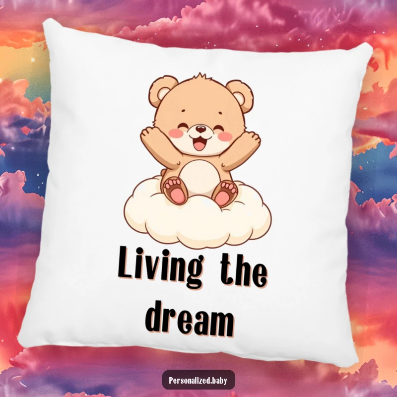 Funny Pillow: Fluffy bear cub bouncing with glee on a cloud cushion, providing soft comfort and cheerful dreams.