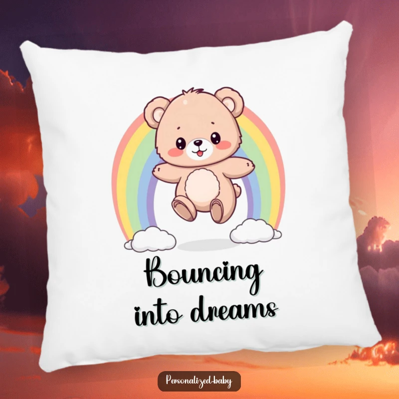 Funny pillow with a fluffy bear cub bouncing on a colorful rainbow, offering soft, humorous, and joyful comfort.