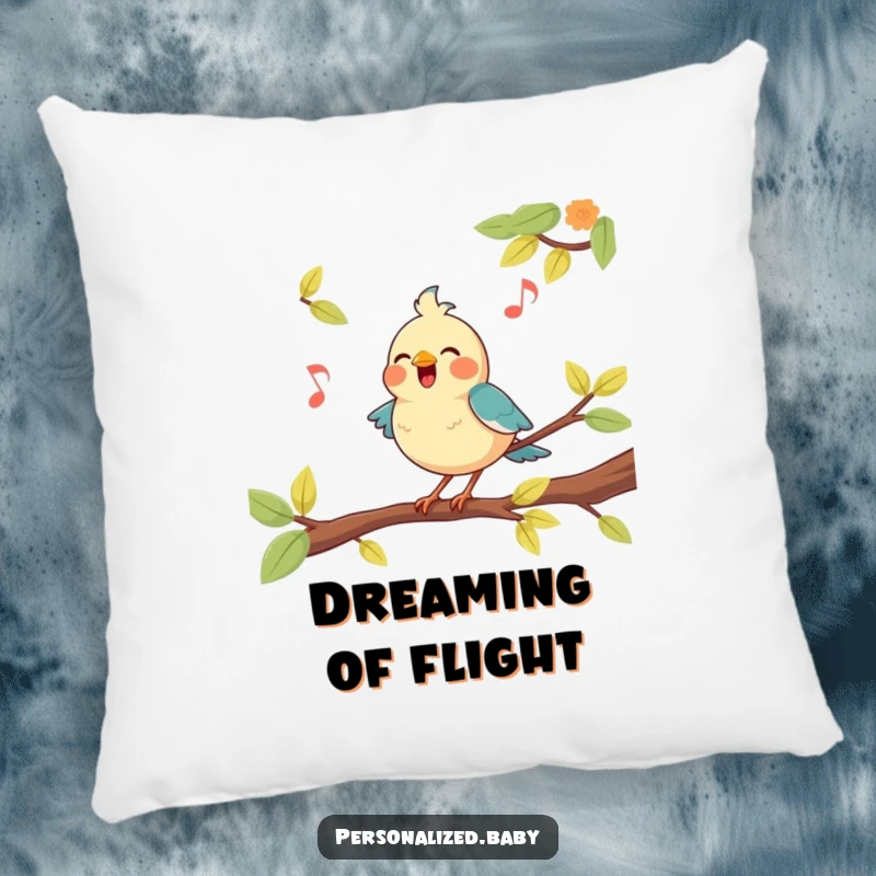 Funny, happy bird character perched on a branch, singing a tune, bringing musical charm to this plush pillow.