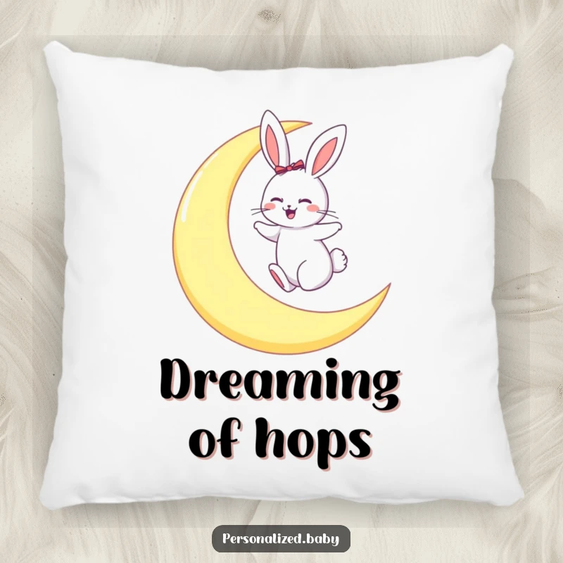 Funny pillow featuring a giggling bunny hopping playfully on a large crescent moon, offering dreamy comfort.