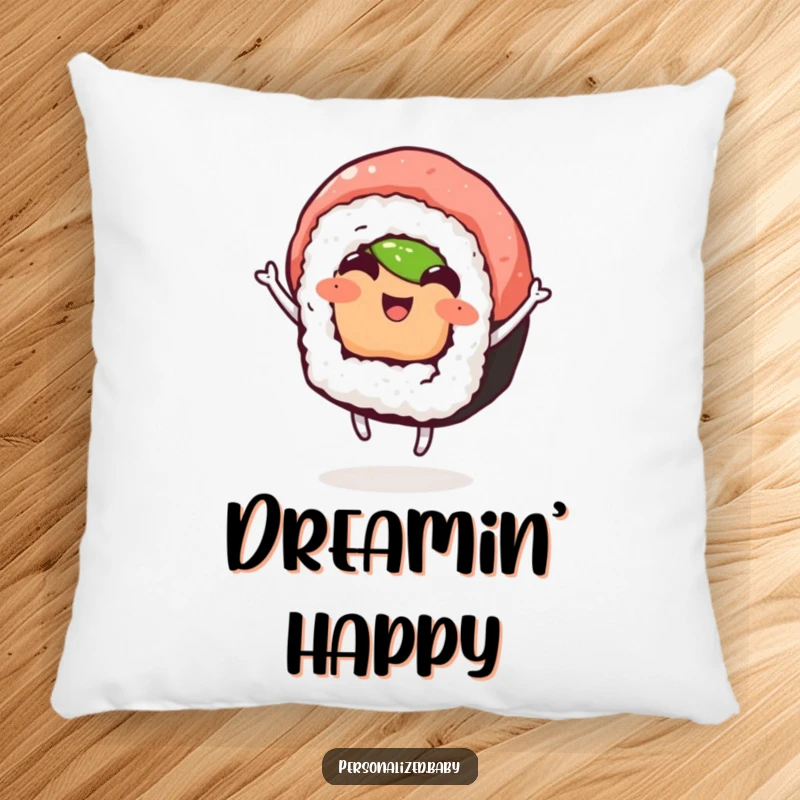 Funny pillow designed with a happy, dancing sushi roll, offering comfort and vibrant humor, a delightful funny gift.