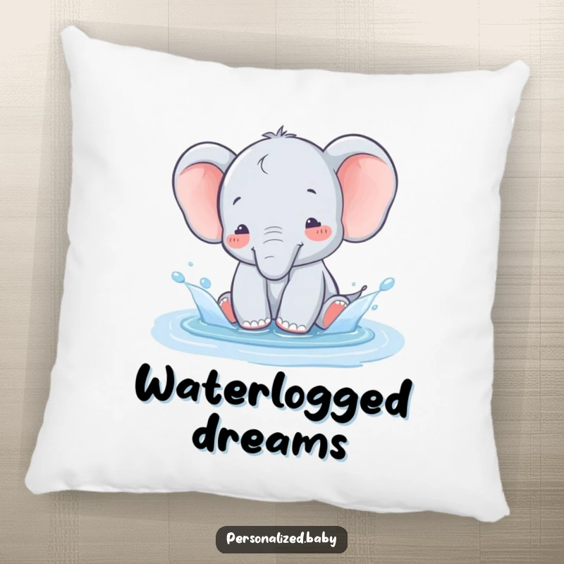 Funny baby elephant happily splashing in a puddle, a cute and humorous pillow for relaxation.