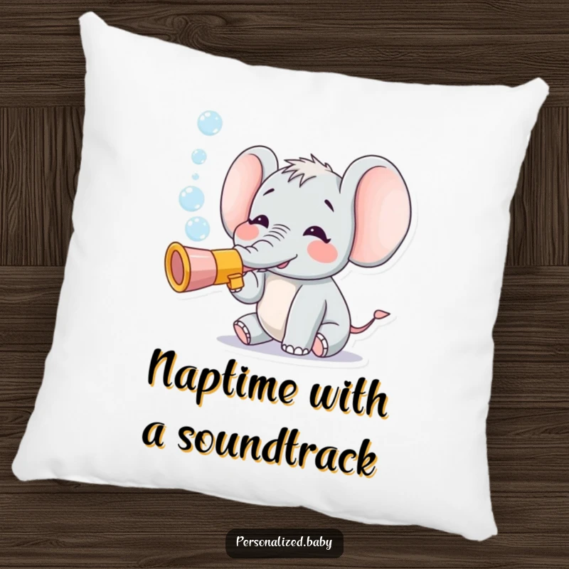 Funny pillow featuring a tiny, cheerful elephant blowing bubbles from a toy trumpet, adding a whimsical touch to any room.