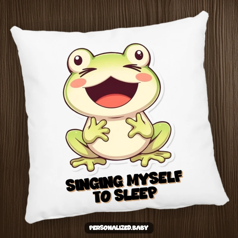 Funny, cheerful frog character singing with eyes closed and mouth wide open, bringing musical charm to this plush pillow.