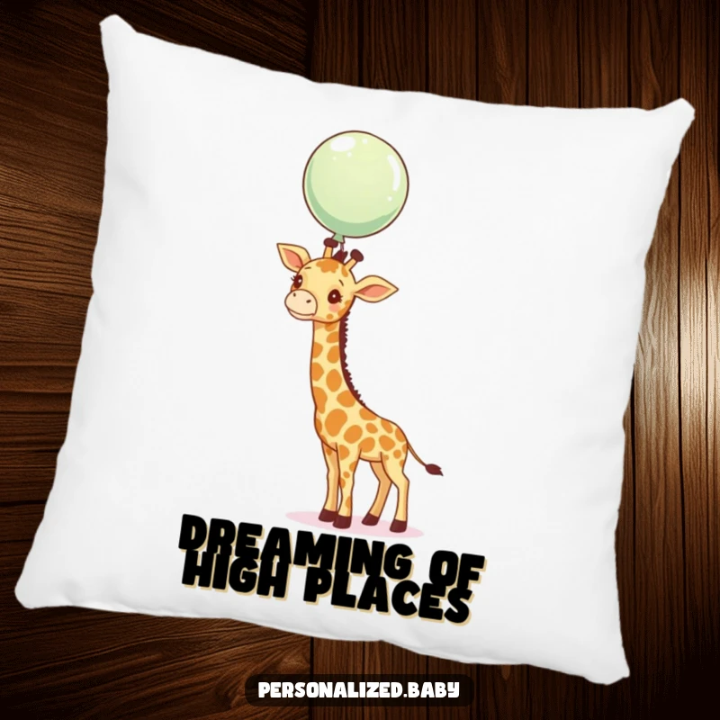 Funny giraffe calf stretching its neck to reach a balloon, a cute and humorous pillow.