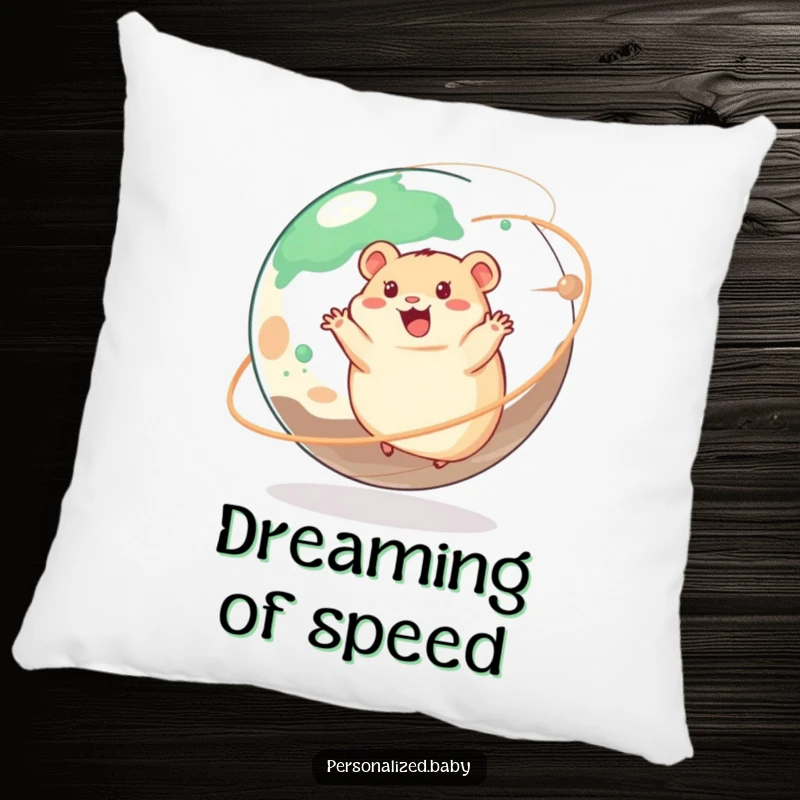 Funny pillow featuring a happy hamster joyfully spinning on a giant planet, soft and comfortable accent piece.
