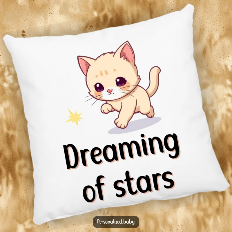 Funny pillow featuring a curious kitten chasing a sparkly comet tail, offering plush cosmic comfort.