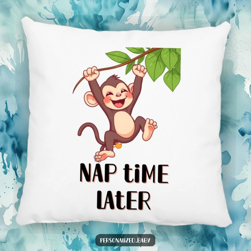 Funny baby monkey pillow, swinging from a vine, laughing heartily, a soft and humorous decorative cushion.