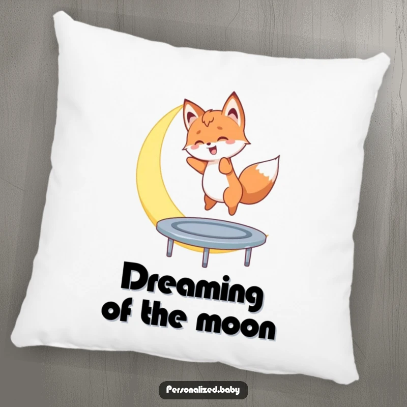 Funny pillow with a fox cub bouncing on a crescent moon, a soft, cozy, and humorous accent for sofas or beds.