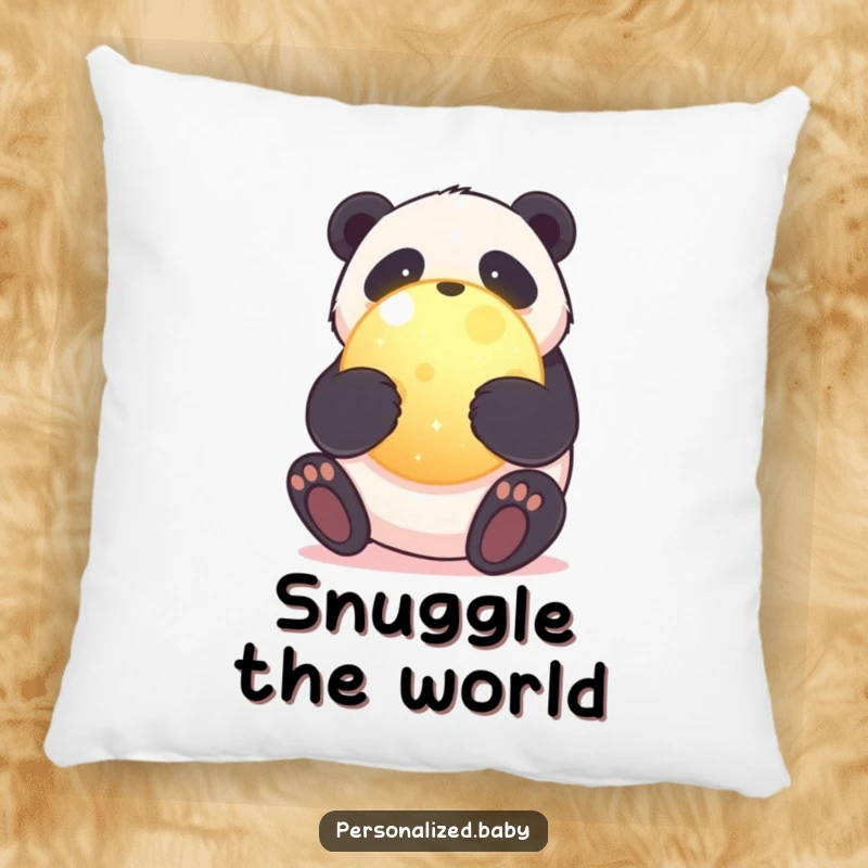 Funny pillow featuring a sweet panda bear hugging a glowing planet, offering comfort and a symbol of environmental affection.