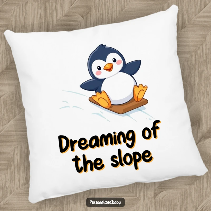Funny pillow featuring a happy penguin enjoying a slide down a starry, icy slope, offering comfort and a touch of arctic humor.