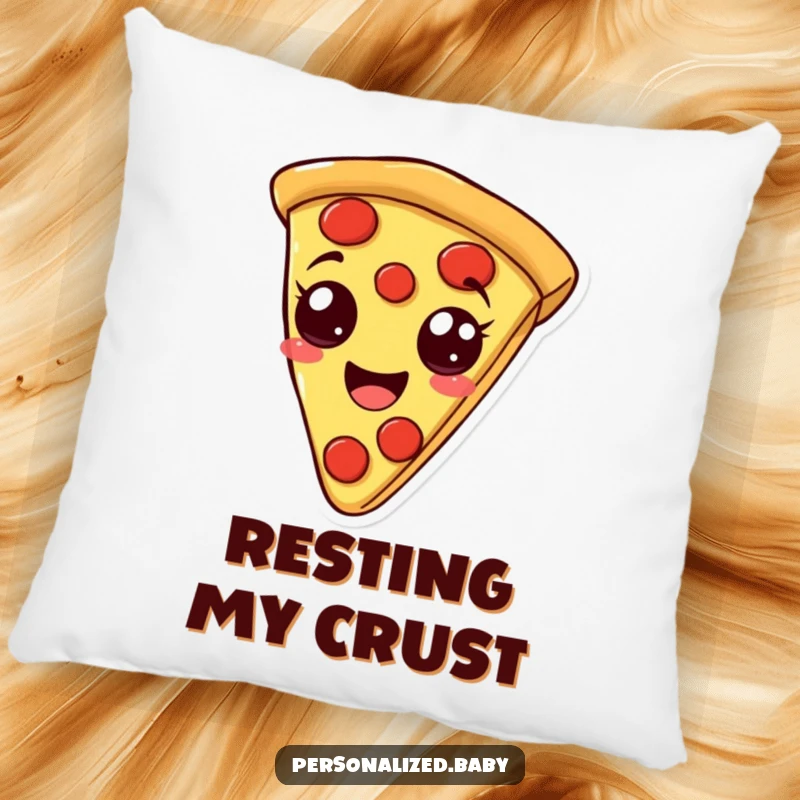Funny pillow designed with a smiling, bouncy pizza slice with pepperoni eyes, offering comfort and delicious humor, a delightful funny gift.