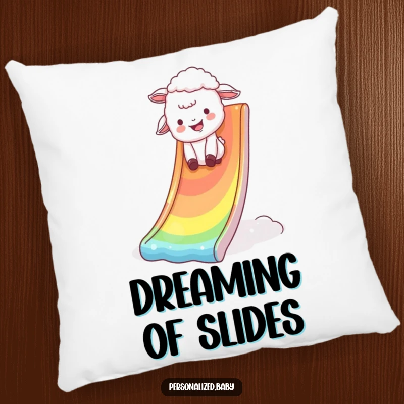 Funny Pillow featuring a giggling lamb tumbling down a shimmering rainbow slide, symbolizing pure joy and carefree happiness.