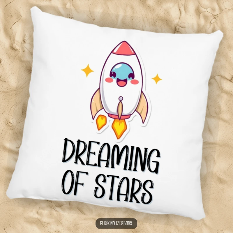 Funny Pillow: Beaming rocket ship character launches with a happy expression. A soft, humorous funny gift.