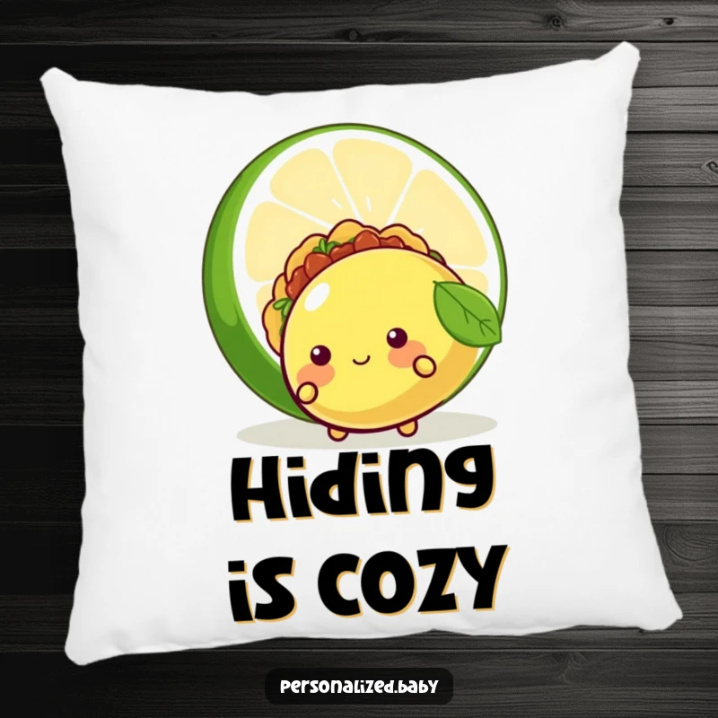 Funny pillow designed with a shy, blushing taco character hiding behind a lime, offering comfort and humor, a delightful funny gift.