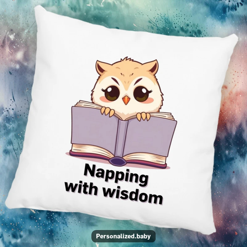 Funny owl chick pillow, a sleepy bird peeking from a book, soft and humorous decorative accent for cozy spaces.