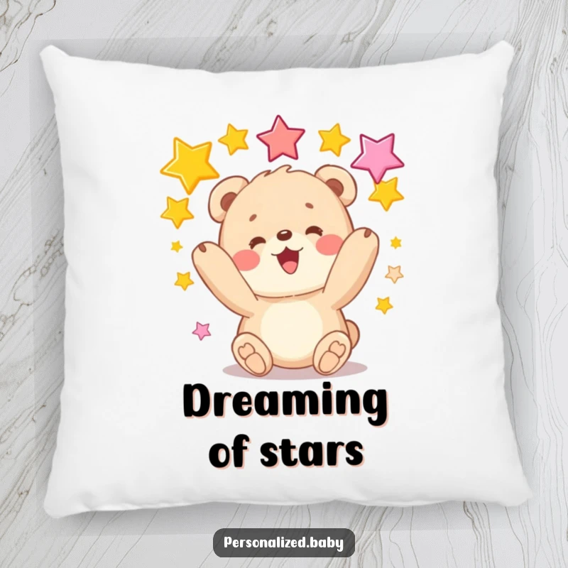Funny pillow with a bear cub juggling stars, a soft, cozy, and humorous accent for sofas or beds.
