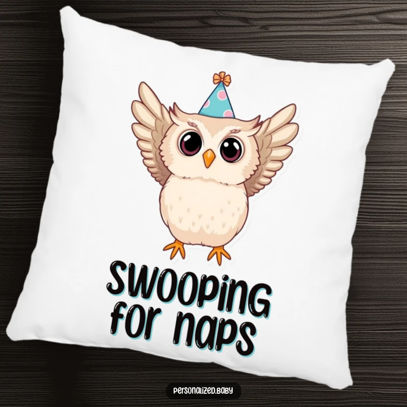 Funny pillow with a baby owl in a party hat swooping, a soft, cozy, and humorous accent for sofas or beds.