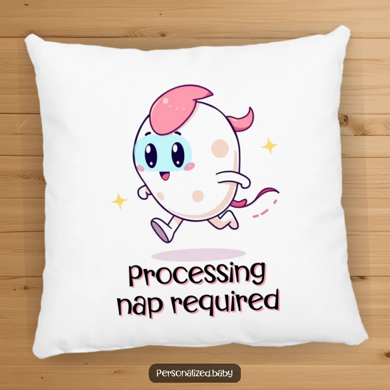 Funny pillow with a playful, zooming code character leaving a glittery trail, perfect for comfortable and humorous lounging.